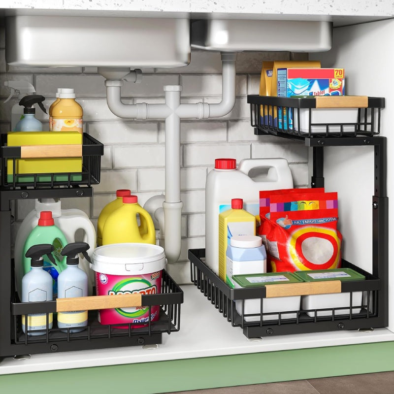 Pull out under sink cabinet organizer with two-tier metal wire baskets and wooden handles
